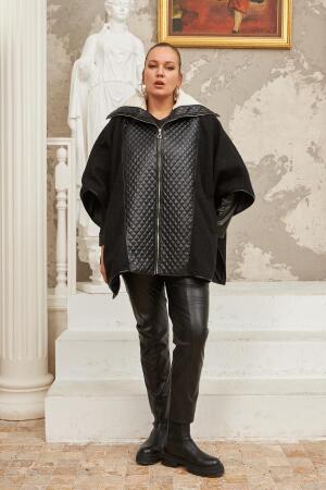 Buklet Ve Deri Garnili Büyük Beden Siyah Panço Kaban - 5