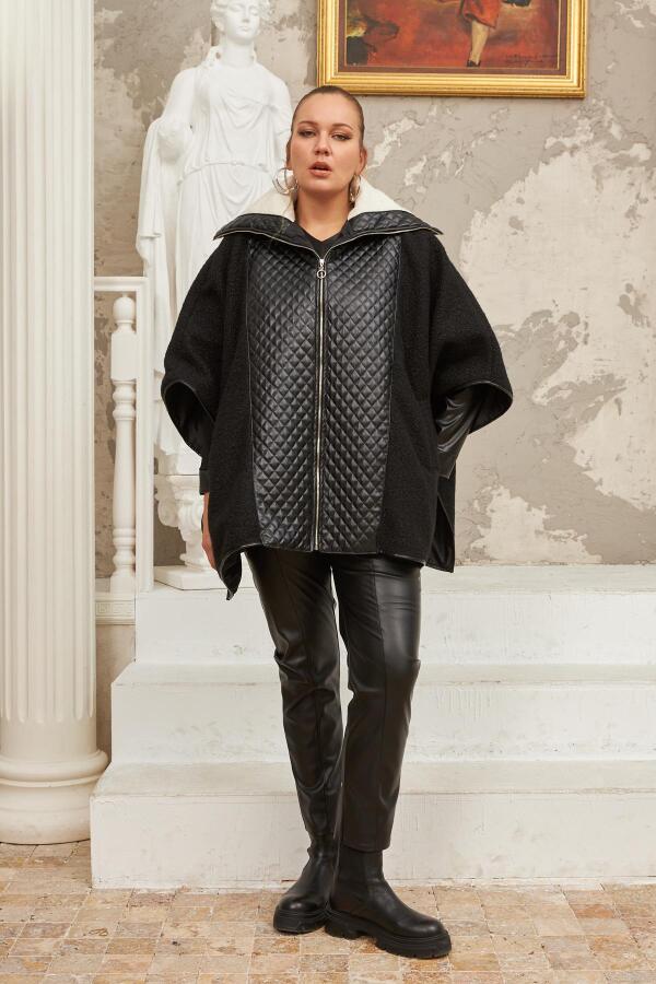 Buklet Ve Deri Garnili Büyük Beden Siyah Panço Kaban - 5