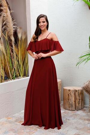 Burgundy Low Sleeve Strappy Long Evening Dress - 1