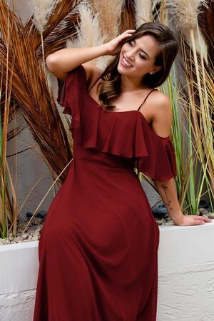 Burgundy Low Sleeve Strappy Long Evening Dress - 2