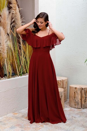 Burgundy Low Sleeve Strappy Long Evening Dress - 3