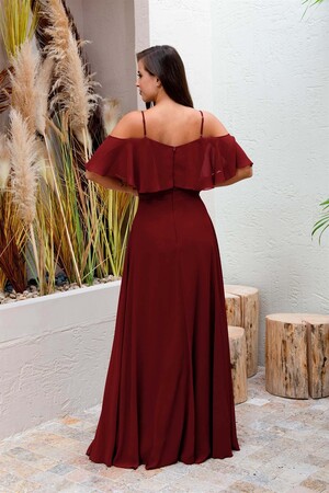 Burgundy Low Sleeve Strappy Long Evening Dress - 5