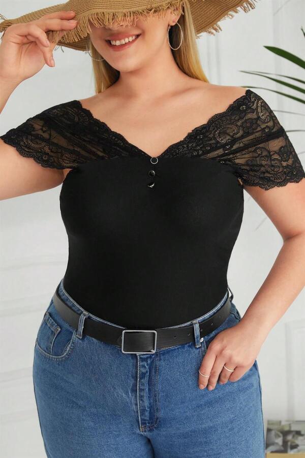 Button Lace Plus Size Combed Cotton Blouse Black - 1