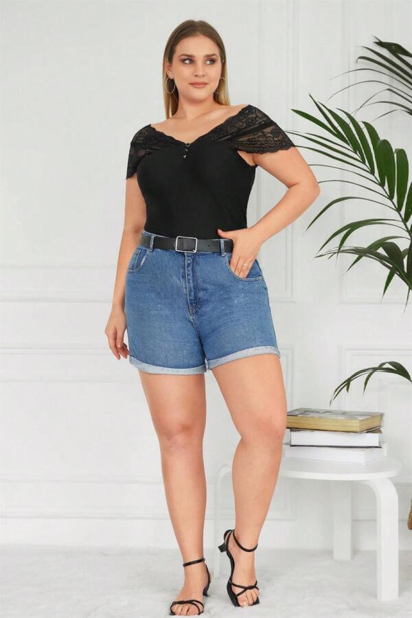 Button Lace Plus Size Combed Cotton Blouse Black - 2