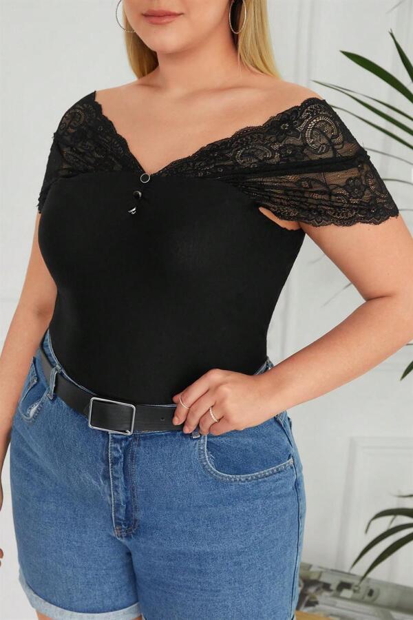 Button Lace Plus Size Combed Cotton Blouse Black - 3