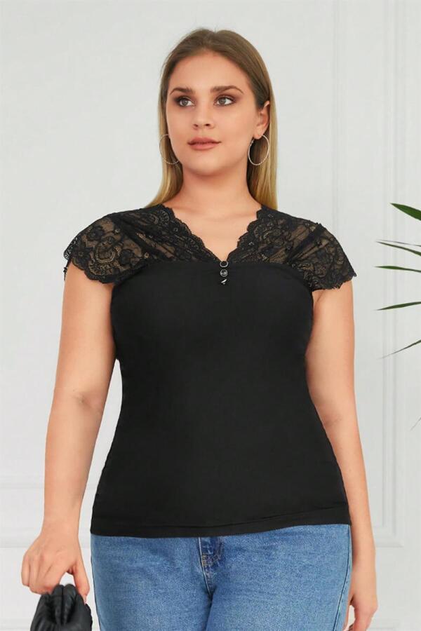 Button Lace Plus Size Combed Cotton Blouse Black - 4