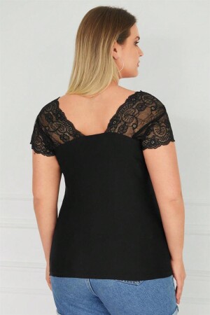 Button Lace Plus Size Combed Cotton Blouse Black - 5