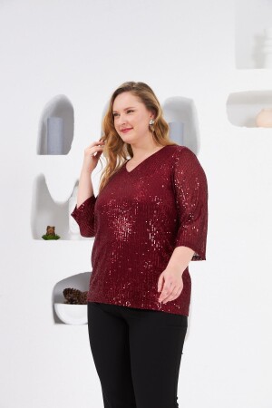 Büyük Beden Astarlı Pul Payet Bluz Bordo - 3