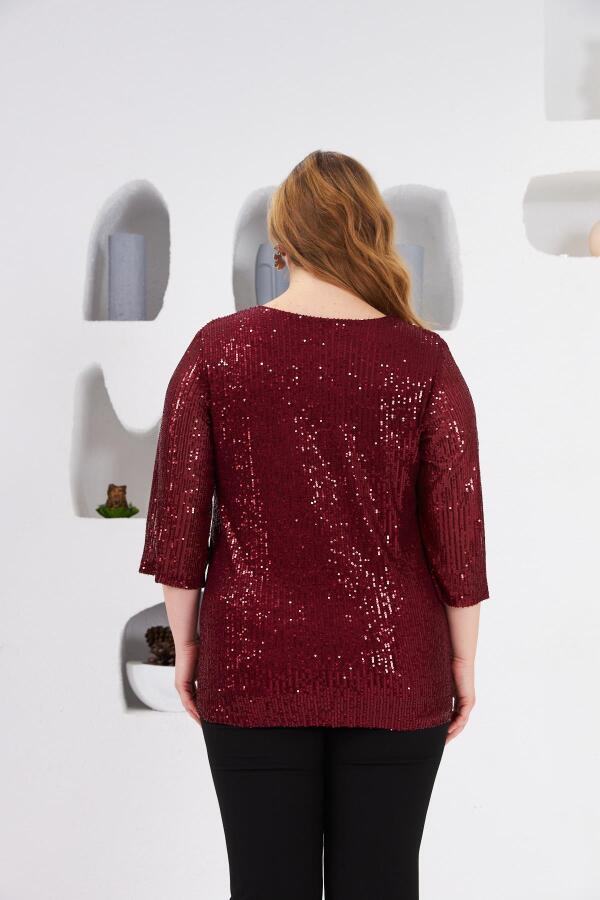 Büyük Beden Astarlı Pul Payet Bluz Bordo - 4