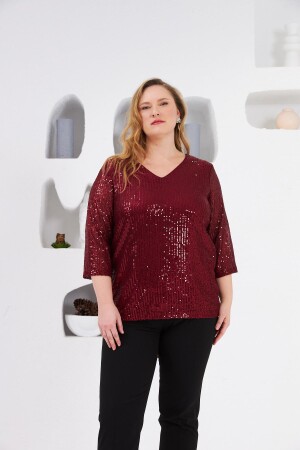 Angelino Büyük Beden Astarlı Pul Payet Bluz Bordo - RMG