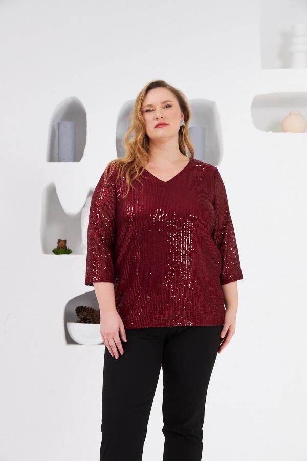 Angelino Büyük Beden Astarlı Pul Payet Bluz Bordo - 1