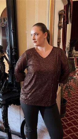 Büyük Beden Astarlı Pul Payet Bluz Kahve - RMG (1)