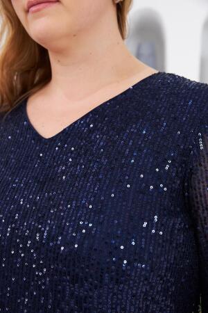 Büyük Beden Astarlı Pul Payet Bluz Lacivert - 3