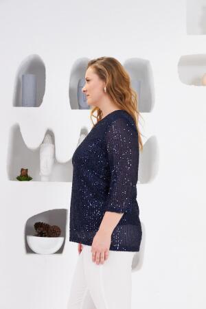 Büyük Beden Astarlı Pul Payet Bluz Lacivert - 4