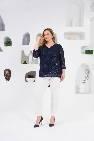 Büyük Beden Astarlı Pul Payet Bluz Lacivert - 5