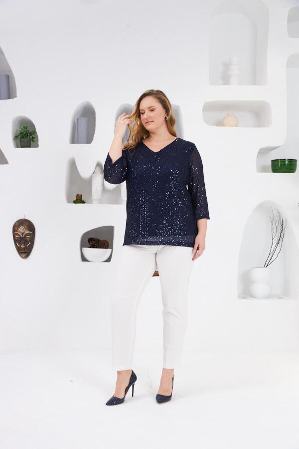 Büyük Beden Astarlı Pul Payet Bluz Lacivert - 5