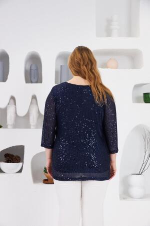 Büyük Beden Astarlı Pul Payet Bluz Lacivert - 6