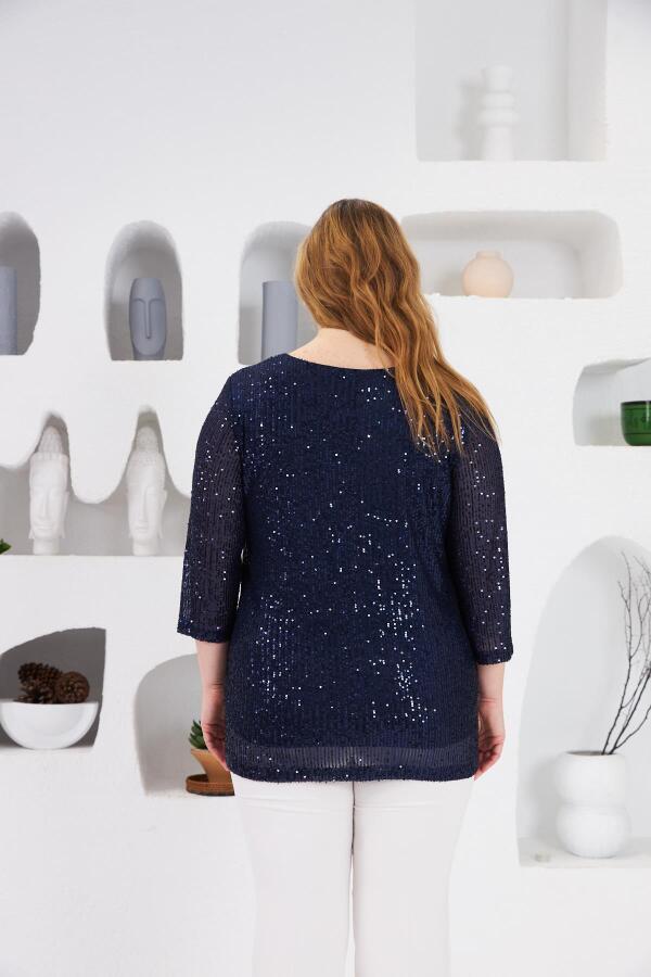 Angelino Büyük Beden Astarlı Pul Payet Bluz Lacivert - 2