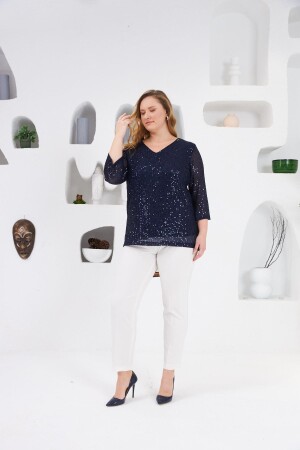 Angelino Büyük Beden Astarlı Pul Payet Bluz Lacivert - 5