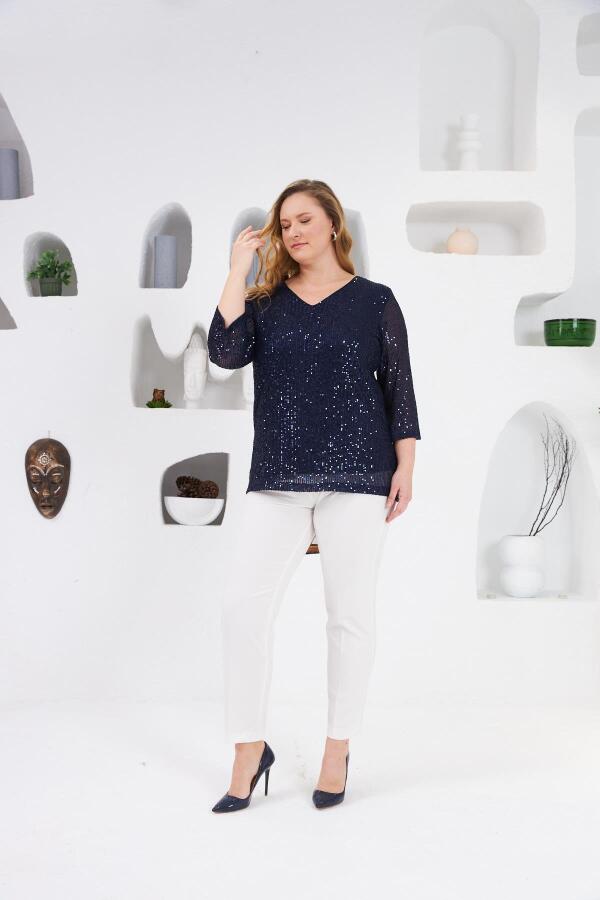 Angelino Büyük Beden Astarlı Pul Payet Bluz Lacivert - 5