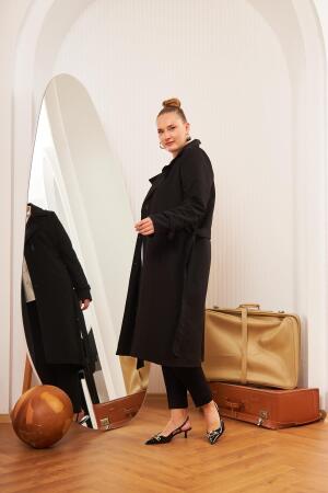 Büyük Beden Astarlı Uzun Trençkot Siyah - 3