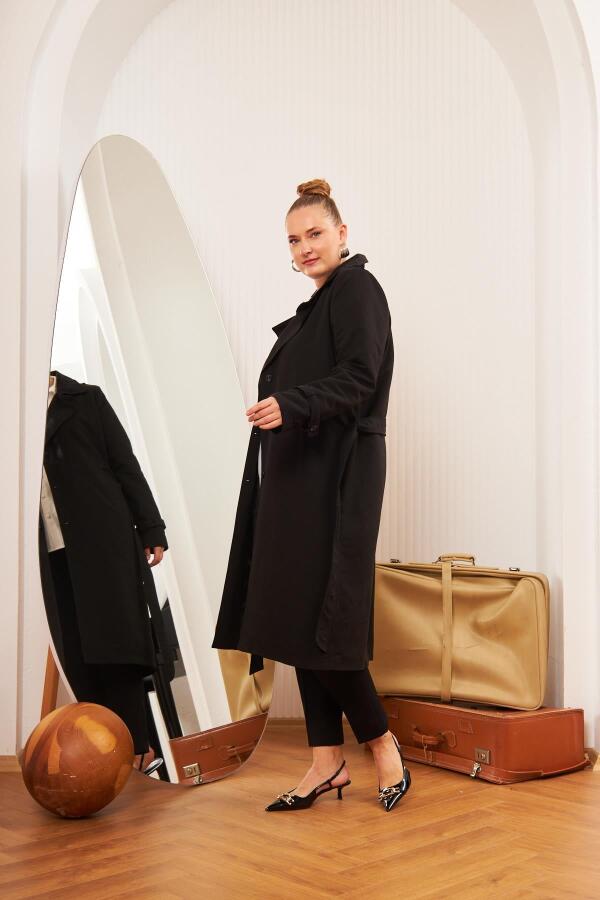 Büyük Beden Astarlı Uzun Trençkot Siyah - 3