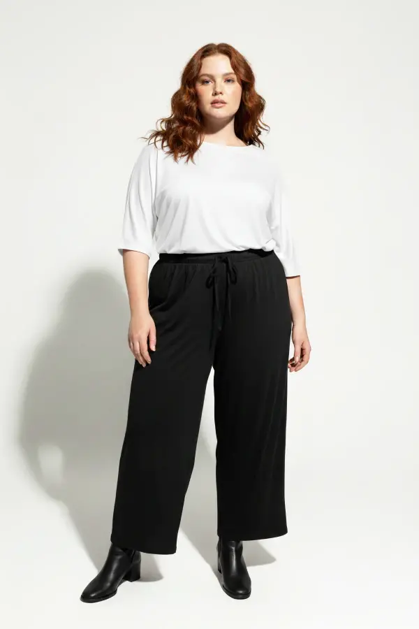 Büyük Beden Bağcıklı Beli Lastikli Geniş Paça Dökümlü Rahat Kesim Crop Pantolon - 1
