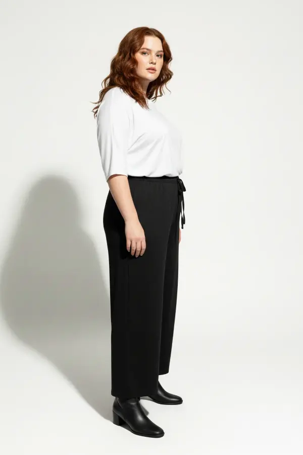 Büyük Beden Bağcıklı Beli Lastikli Geniş Paça Dökümlü Rahat Kesim Crop Pantolon - 2
