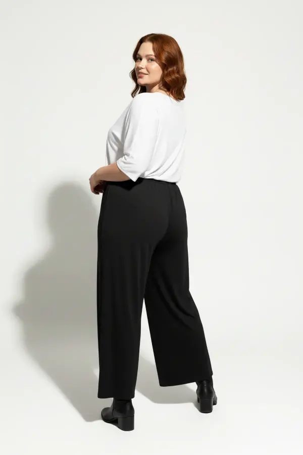 Büyük Beden Bağcıklı Beli Lastikli Geniş Paça Dökümlü Rahat Kesim Crop Pantolon - 4