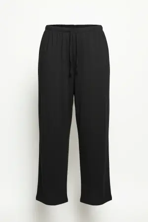 Büyük Beden Bağcıklı Beli Lastikli Geniş Paça Dökümlü Rahat Kesim Crop Pantolon - 5
