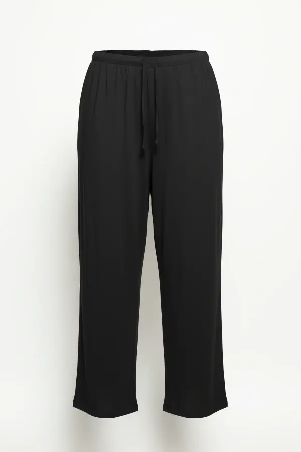 Büyük Beden Bağcıklı Beli Lastikli Geniş Paça Dökümlü Rahat Kesim Crop Pantolon - 5
