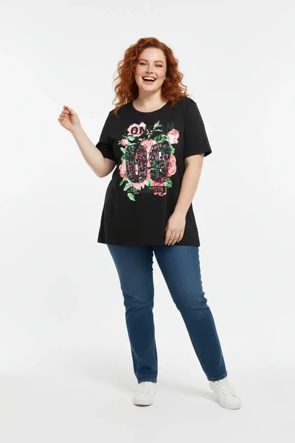 Büyük Beden Baskılı Kısa Kollu Siyah T-shirt - 1