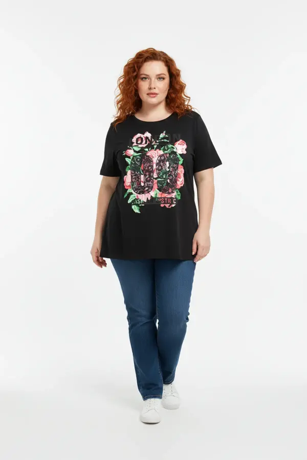 Büyük Beden Baskılı Kısa Kollu Siyah T-shirt - 2