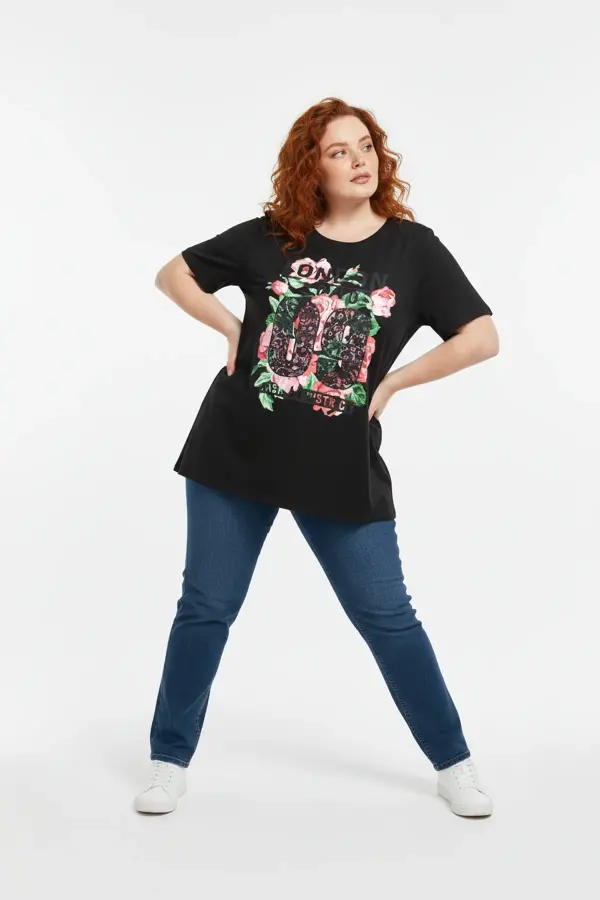 Büyük Beden Baskılı Kısa Kollu Siyah T-shirt - 3