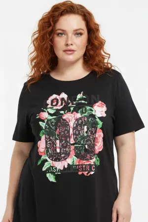 Büyük Beden Baskılı Kısa Kollu Siyah T-shirt - 4