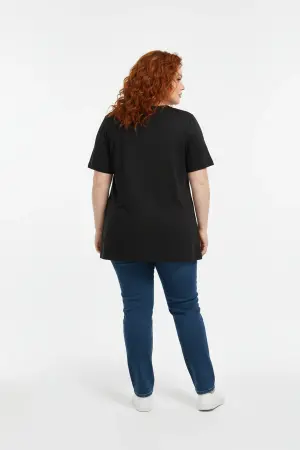 Büyük Beden Baskılı Kısa Kollu Siyah T-shirt - 5