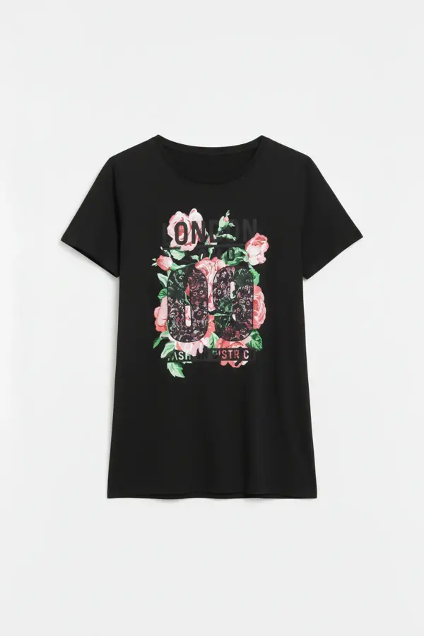 Büyük Beden Baskılı Kısa Kollu Siyah T-shirt - 6