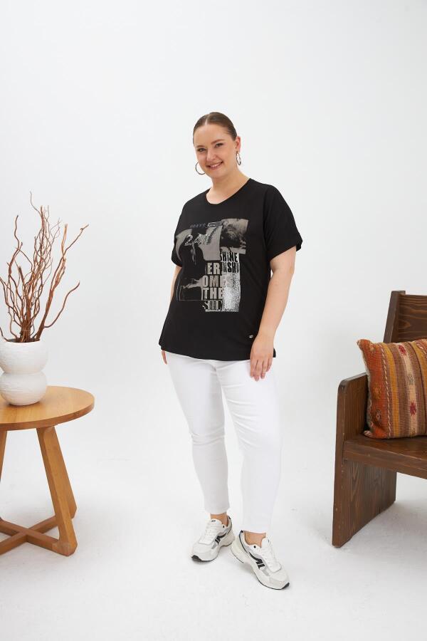 Büyük Beden Baskılı Tişört Siyah - 6