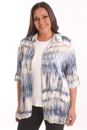 Büyük Beden Batik Desenli Simli Gömlek Bluz Lacivert Takım - 3