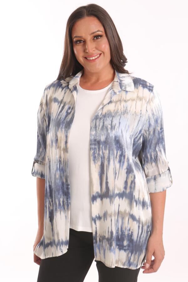 Büyük Beden Batik Desenli Simli Gömlek Bluz Lacivert Takım - 3