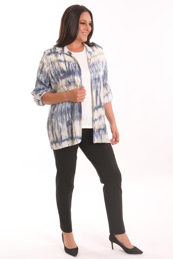 Büyük Beden Batik Desenli Simli Gömlek Bluz Lacivert Takım - 5