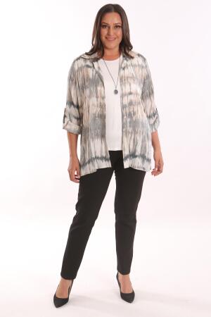 Büyük Beden Batik Desenli Simli Gömlek Bluz Pudra Takım - 2