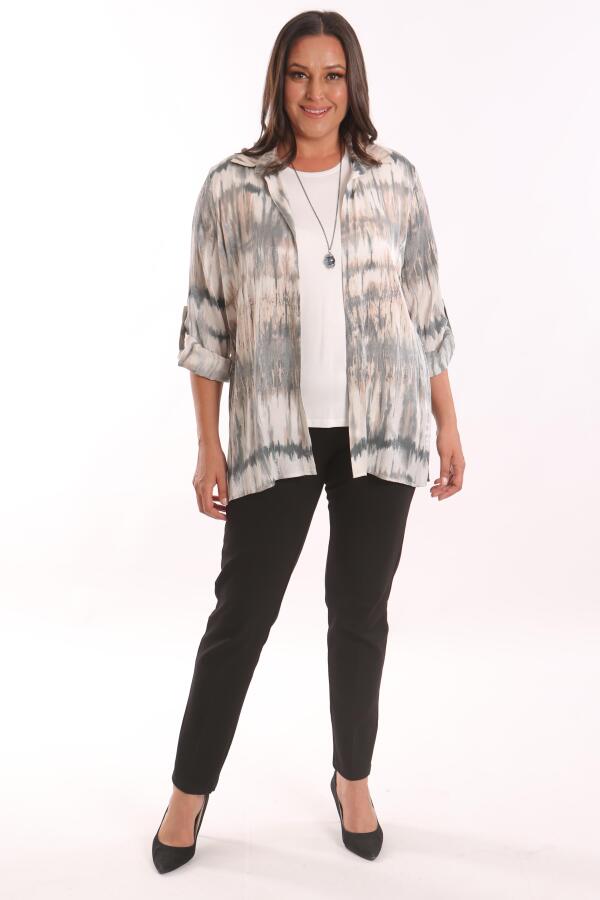 Büyük Beden Batik Desenli Simli Gömlek Bluz Pudra Takım - 2