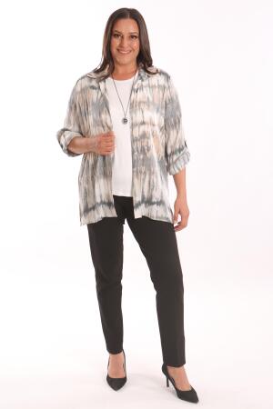 Büyük Beden Batik Desenli Simli Gömlek Bluz Pudra Takım - 4