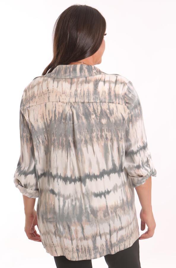 Büyük Beden Batik Desenli Simli Gömlek Bluz Pudra Takım - 5