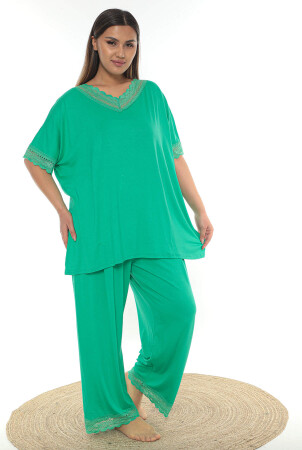 Büyük Beden Battal Esnek Bol Kesim Dantel Detaylı Pijama Takımı Yeşil TKA - 2