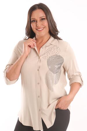 Angelino Büyük Beden Bej Taş Baskılı Dokuma Gömlek - Angelino Moda