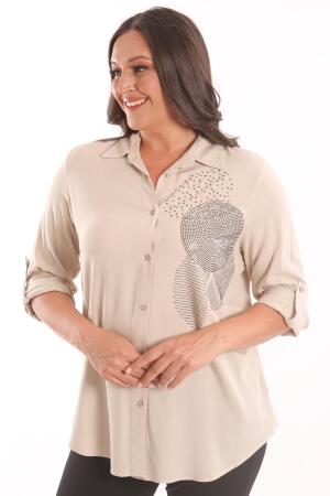 Angelino Büyük Beden Bej Taş Baskılı Dokuma Gömlek - 3