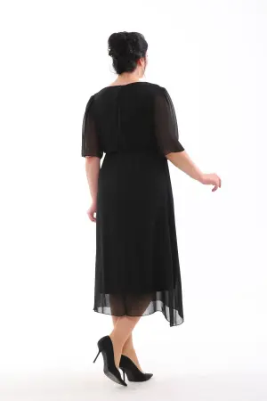 Büyük Beden Beli Rahat Pelerin Kol Rahat Şifon Elbise KL3096 Siyah - 5