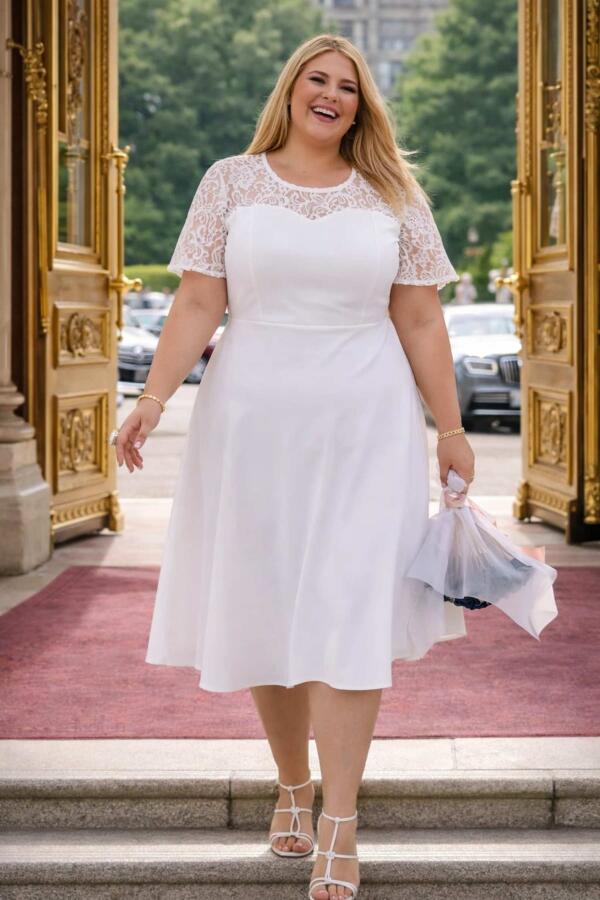 Büyük Beden Beyaz Güpür Detaylı Rahat Kollu Kısa Nikah Elbisesi (40–62) KL3045 - 3